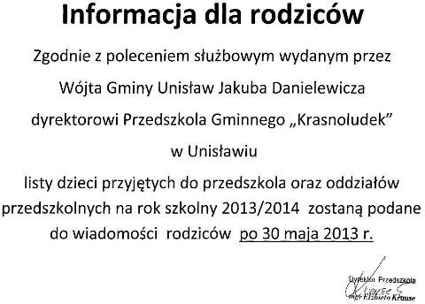 Informacja dla rodziców