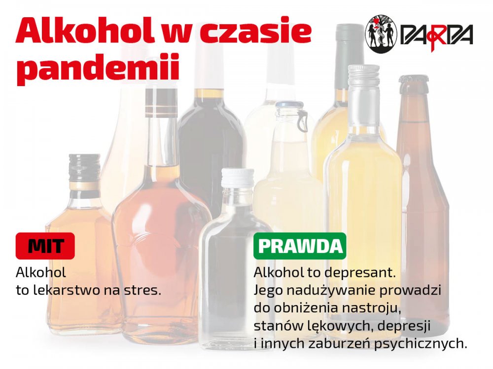 Mit: Alkohol to lekarstwo na stres. Prawda: Alkohol to depresant. Jego nadużycie prowadzi do obniżenia nastroju, stanów lękowych, depresji i innych zaburzeń psychicznych