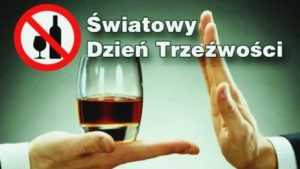 Światowy dzień trzeźwości, na zdjęciu przedstawione zostały dwie ręce jedna ma w ręku alkohol, druga pokazuje znak stop co ma symbolizować sprzeciw wobec alkoholowi