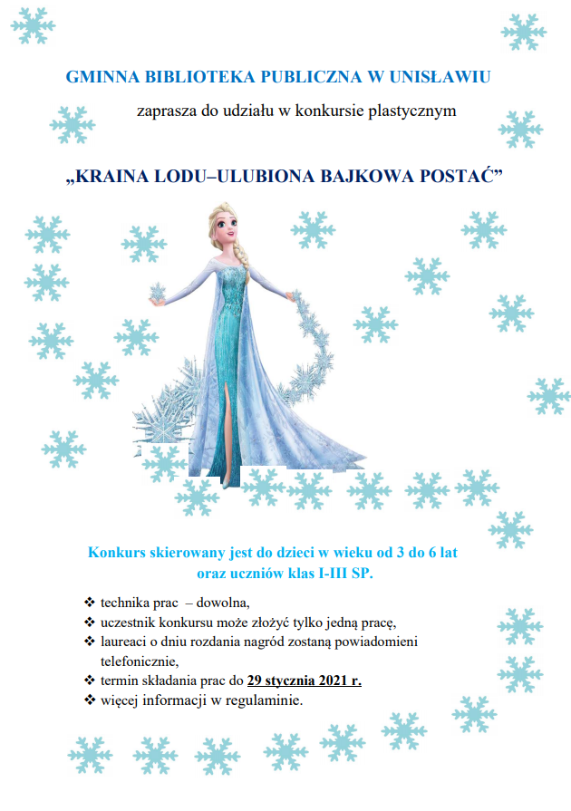 Plakat promujący z Elsą z krainy lodu z błękitnymi płatkami śniegu wokół